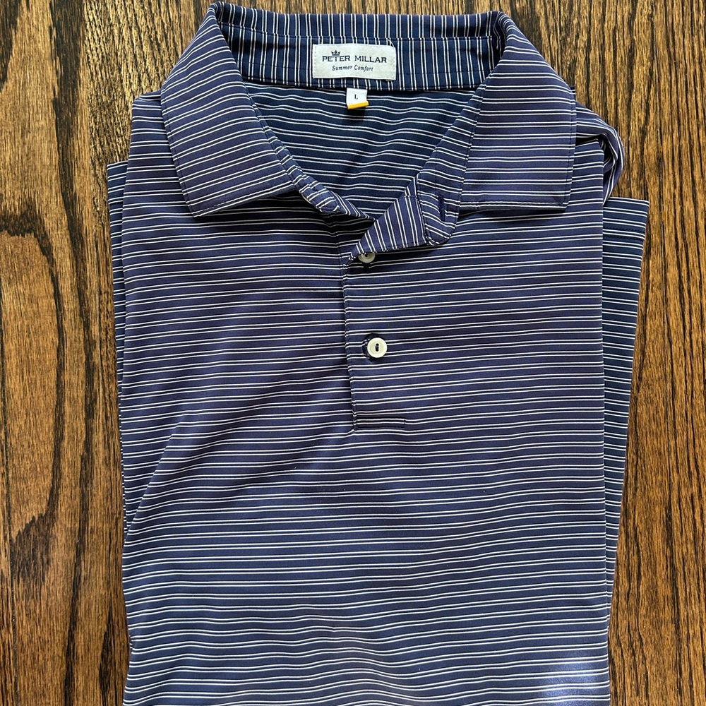 Peter Millar Men’s navy and white striped polo. Size Large